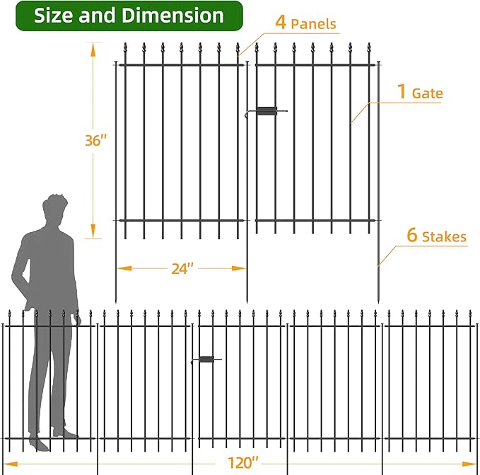 Metal Garden Fence with Gate 36 in H x 10 ft L, 1 Gate + 4 Panels Border Fence Panels Animal Barrier for Dogs, No Dig Garden Fencing for Yard Patio Flower Bed Lawn Outdoor, Black