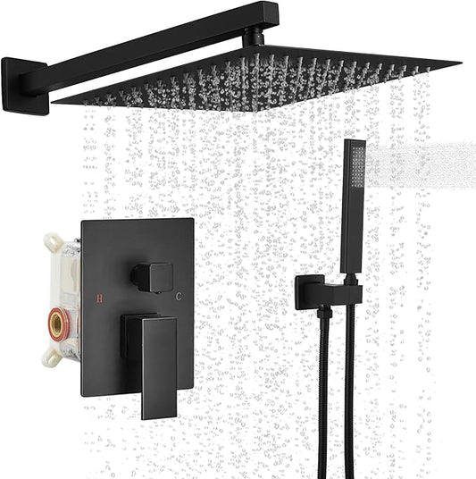 BWE Black Shower Faucet 10 Inch Square Luxury Rain Mixer Shower System Sets Complete 2-Functions Pressure Balancing Wall Mount Rainfall Rough-in Valve Body and Trim Included