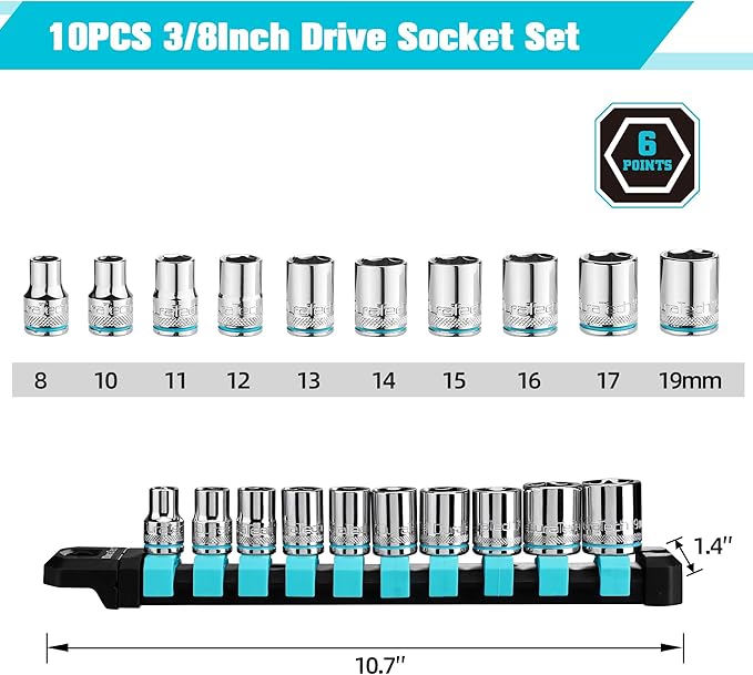 DURATECH 3/8" Drive Socket Set, Metric Socket Set 10PCS, Mechanic Metric Socket Sets with Storage Rack, 6-Point Shallow Socket Set, 8mm, 10mm, 11mm, 12mm, 13mm, 14mm, 15mm, 16mm, 17mm, 19mm