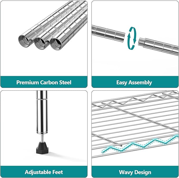 IZEUK 4-Tier Chrome Metal Storage Shelves, Adjustable Wire Shelving Unit Organizer for Kitchen, Bathroom, Home, 1000 lbs, 13.7" D x 23.6" W x 53.4" H