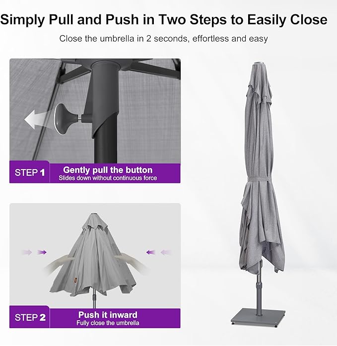 PURPLE LEAF 9 X 12 FT Semi-Auto Outdoor Patio Umbrella with Base Market Table Sun Umbrellas with 8 Aluminum Sturdy Ribs for Backyard Deck Garden Pool (Gray Pole Gray Canopy)