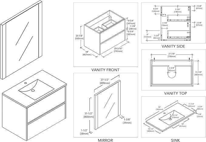 Blossom Single Bathroom Vanity with Ceramic Sink and Mirror | All Wood Floating Vanity Cabinet | 2 Soft-Closing U-Shaped Cutout Drawers | 30" w/Ceramic Sink and Mirror, Silver Grey