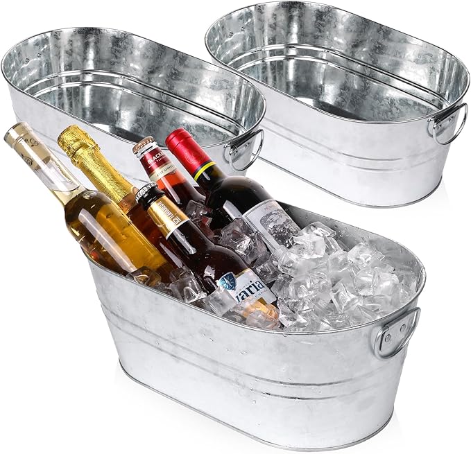Galvanized Tub Beverage Tubs, 3pcs Metal Ice Buckets for Cocktail Bar 3 Gallon Wine Beer Drink Buckets with Handles Large Tin Tub Cooler Mimosa Bar Supplies Ice Bucket (Galvanized)