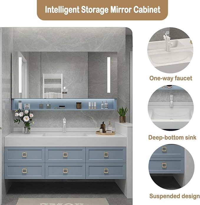 40IN Floating Bathroom Vanity - Bathroom Vanity with Sink with 6 Drawers & Multifunctional LED Mirror Cabinet | Textured Metal Handles & Large Storage Capacity & Waterproof Design, Blue