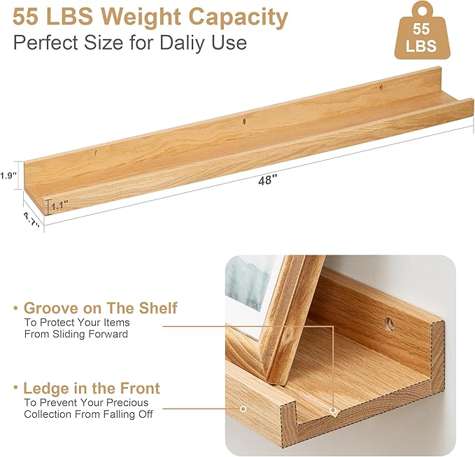 Floating Picture Ledge Shelves 48 Inch Solid Oak Wood Set of 2, Rustic Wall Storage Shelves with Lip, Kids Bookshelf, Photo & Picture Ledge Shelves for Bedroom, Living Room, Kitchen
