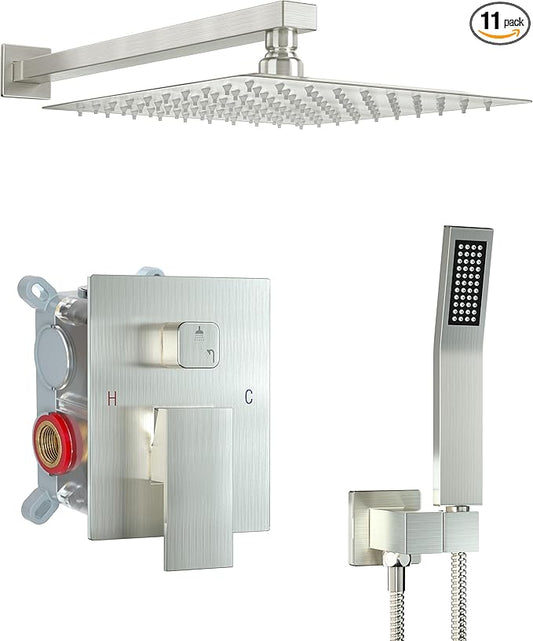 10 Inch Shower Faucet Set, Rainfall Shower System with Square Fixed Shower Head and High Pressure Handheld Shower Head, Spray Wall Mounted Rainfall Shower Fixtures, Brushed Nickel