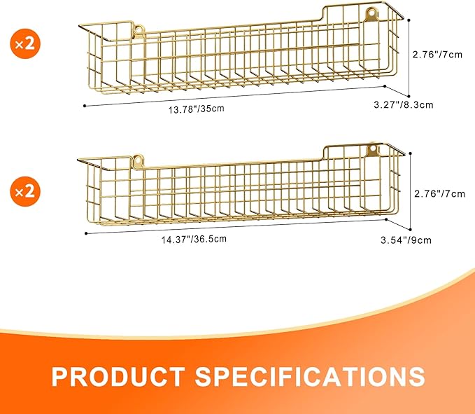 Spice Rack, 4-Pack Seasoning Organizer Wall Mount for Kitchen Storage Organization, Spice Holder Shelf Saving Space for Cabinet, RV, Pantry, Gold