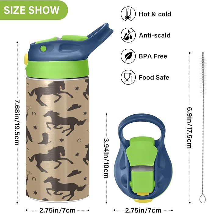 Cowboy Kids Water Bottle with Straw Male Black Horses Insulated Stainless Steel BPA-Free Sport Bottles for Boys Girls Toddlers 12 oz Green Lid