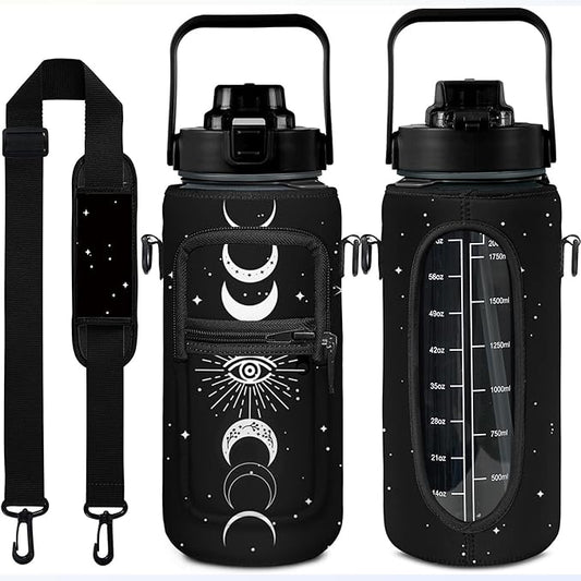 Goth Moon Half Gallon Water Bottle with Sleeve, 64 Oz Water Bottle with Measurements Marked, Leakproof-Free Drinking Water Bottle, Sports Water Bottle BPA Free Half Gallon Water Jugs