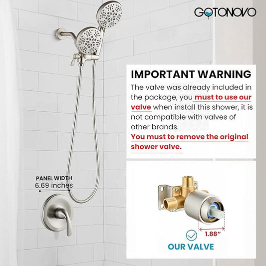 gotonovo Shower Valve and Trim Kit 2 in 1 Shower Head and Handle Set System Bathroom Shower Faucet Set 3 Modes Various Combinations High Pressure with Rough-in Valve Brushed Nickel