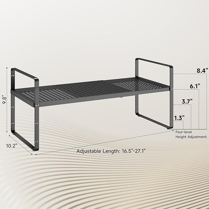 Hole Pattern Expandable Shelf Organizer,2Pack 10.2" Wide Easy to Assemble Cabinet Organizer Shelf, 16.5~27.1" Adjustable Height&Stackable Spice Organization for Cupboard, Black
