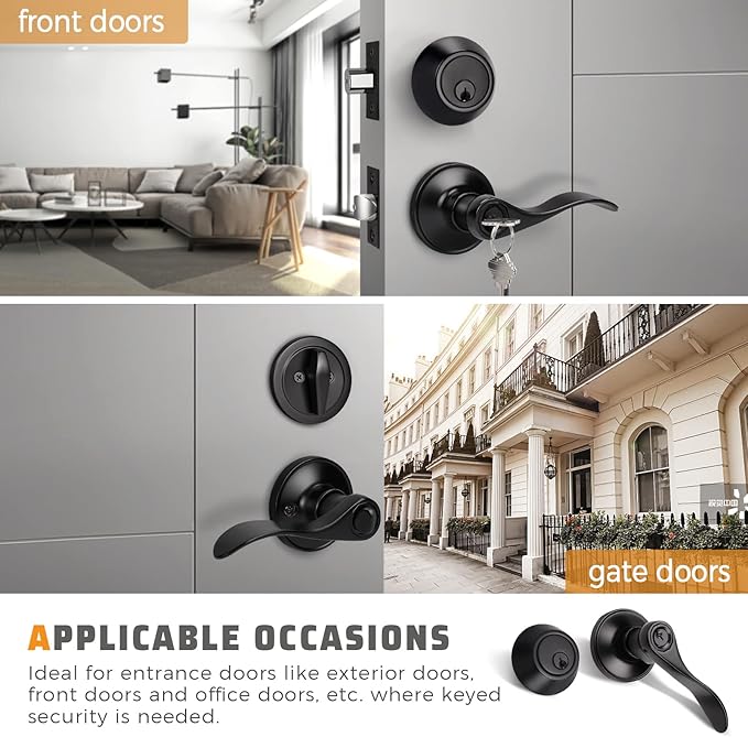 KNOBWELL Entry Lever Door Handle and Single Cylinder Deadbolt Set Keyed Alike, Exterior Door Knob Lock with Deadbolt for Office and Home Security, Mattle Black Front Door Lock Set, 1 Pack