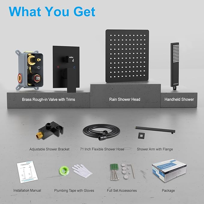 EMBATHER Black Shower System Sets Faucet - 10 Inch Overhead Rainhead Shower Combo Set with Handheld and Valve - Luxury Rain Mixer Rainfall Black Shower Faucets Sets Complete