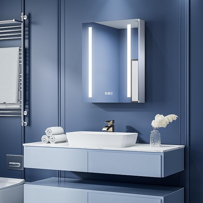 ExBrite LED Lighted Bathroom Medicine Cabinet with Mirror, 20 x 26 Inch, Recessed or Surface Mount, Anti-Fog, Stepless Dimming, Color Temperature Adjustment, 2 Outlets, Storage Shelves, Right Hinge