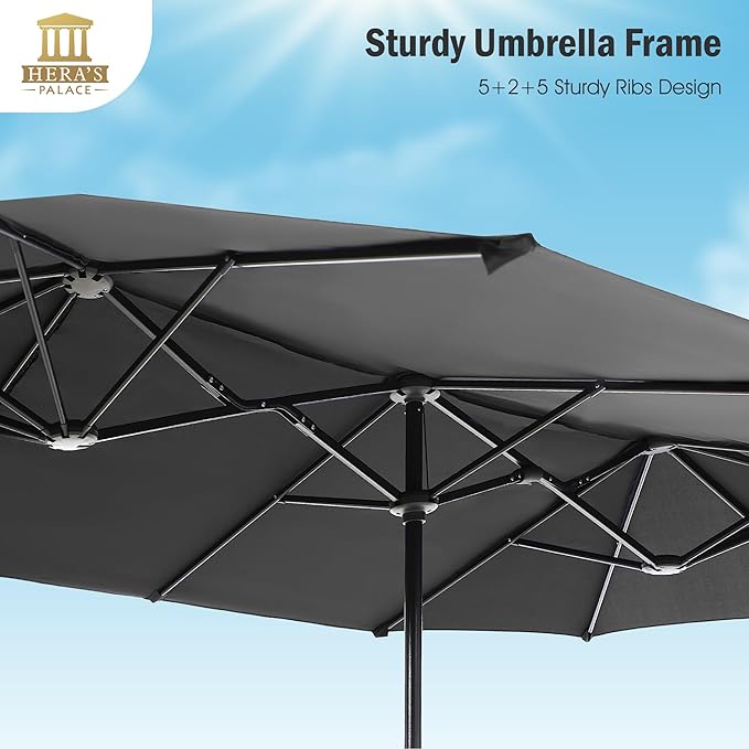 HERA'S PALACE 13 ft Large Double-Sided Twin Patio Umbrella, Outdoor Market Umbrella with Crank Handle, Powerful UV Protective, Smoky Gray