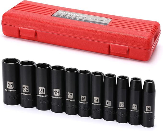 MIXPOWER 11-Piece 1/2-Inch Drive Deep Impact Socket Set, CR-V, Metric, 6 Point, Deep, 10-24mm