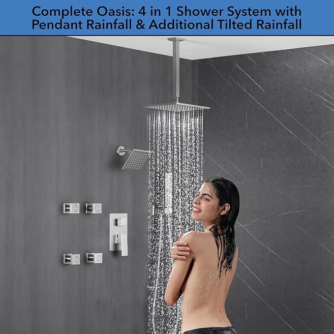 VANFOXLE Shower Faucet Set Brushed Nickel Shower System,Four Modes Shower Faucet with 2 in 1 Handheld,Ceiling Mount 10 Inch Shower Head with 6 Inch Shower Head, 4 PCS Dual Modes Body Jets