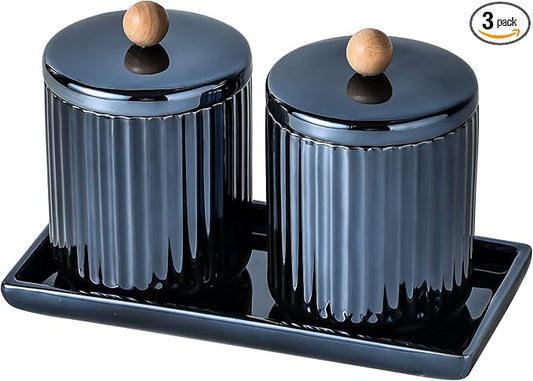 Qtip Holder Bathroom Set with Tray(3PCS) - 2 Piece 12 oz Blue Apothecary Jar Canister with Lid and 1 Pack Ceramic Vanity Tray