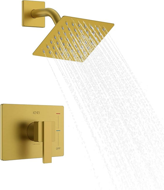 KENES Modern Brushed Gold Shower Faucet, Square Shower Trim Kit with Single-Spray Stainless Gold Rain Shower Head, Shower Trim Systems Wall Mount, KE-6025B-4 (Shower Valve Included)
