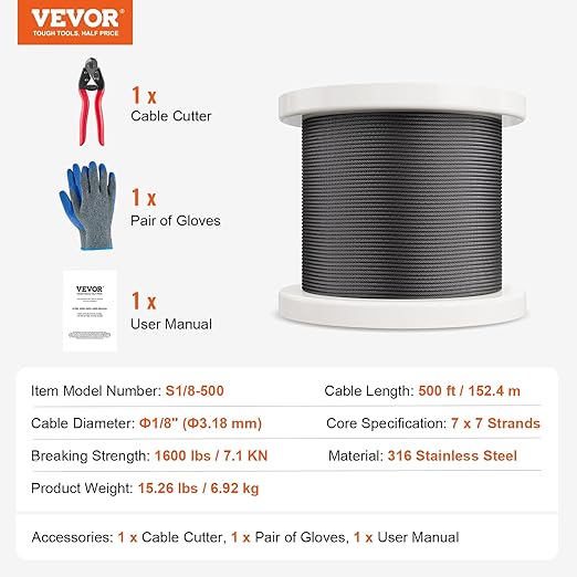VEVOR 1/8 Black Stainless Steel Cable, 500 FT 316 Black Cable Railing Kit, Cable Railing System Wire Rope with Cutter & Gloves, 7x7 Strands Core Marine Aircraft Cable for Handrail Stair Deck Fence