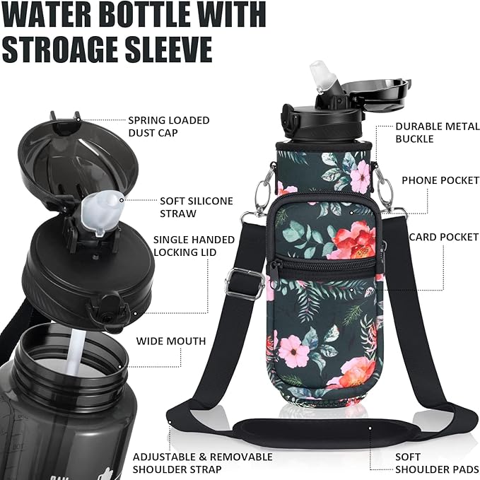 Fimibuke 32 oz Water Bottle with Sleeve - BPA Free Leakproof Sport Large 1L Plastic Motivational Water Bottle with Straw Strap & Insulated Neoprene Holder Carrier Bag Great Xmas Gift for Women Men