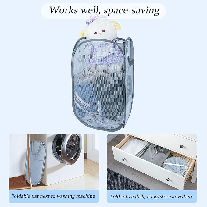 Upgraded 100L Extra Large Collapsible Laundry Hampers. Pop Up Laundry Basket Mesh with Pocket, Fold Compact, Large Hold Portable Travel Laundry Bag for Dorm Storage Bin, Grey. V