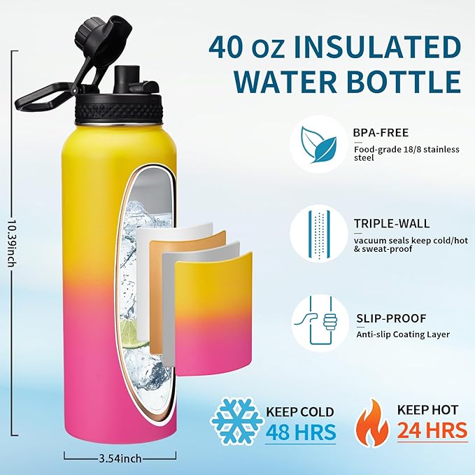 40 oz Water Bottle with Straw - Stainless Steel Water Bottles Insulated w/Auto Spout Lid, Strap Carrying Case, Paracord Handle, Silicone Boot, Triple Wall Metal Water Flask Thermo Mug Keep Cold Hot