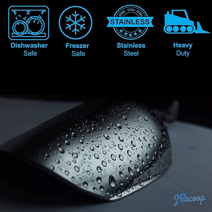 JBscoop Ice Scoop with Holes. Stainless Steel Ice Scoop with Drain Holes to Reduce Unwanted Dilution. Heavy Duty and Dishwasher Safe. Six Ounce Capacity.