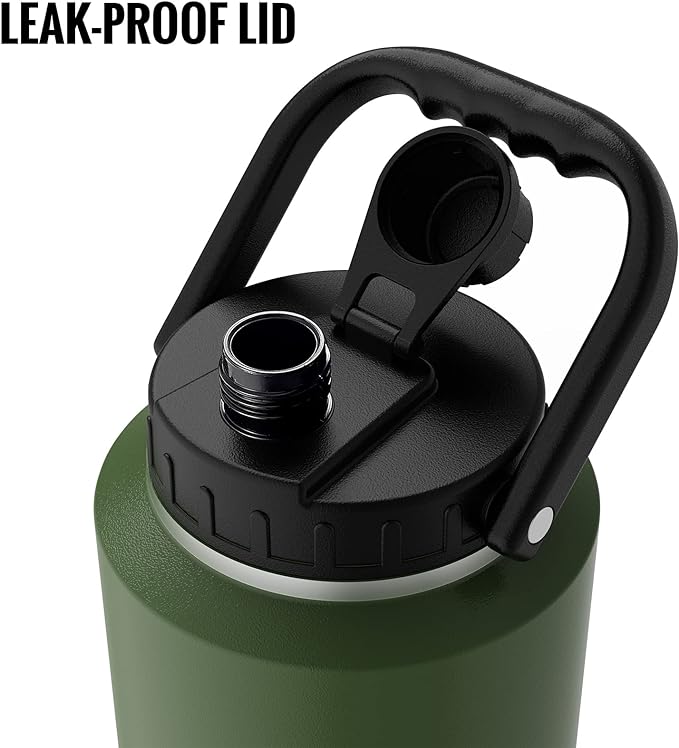 SkyWell 1 Gallon Insulated Water Bottle with Handle and Wide Mouth Water Flask Sweat-Proof and Leak-Proof 128 Oz Stainless Steel Water Jug for Outdoors, Olive