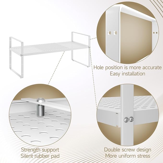 Hole Pattern Expandable Shelf Organizer,1Pack 8.1" Wide Easy to Assemble Cabinet Organizer Shelf, 16.5~27.1" Adjustable Height&Stackable Spice Organization for Cupboard, White
