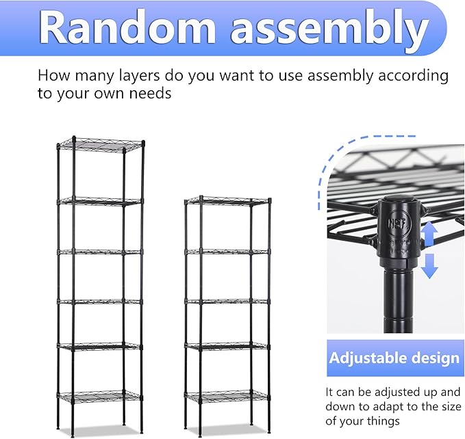 BestOffice | 6-Tier Wire Storage Shelves | 17x12x64 | Black | with Adjustable Racks | Heavy-Duty Metal Shelf, Holds Upto 600 lbs | No-Tool Assembly | Ideal for Home & Garage Shelving