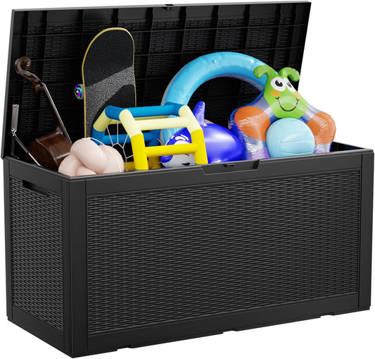 100 Gallon Deck Box,Resin Outdoor Storage Box with Lockable for Patio Furniture, Pool Accessories, Garden Tools Waterproof Outside Storage Box, Black