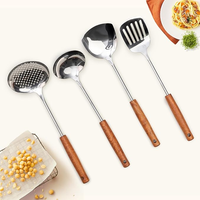 FJNATINH Stainless Steel Wok Tools Set,Wok Utensil - Wok Spatula,Turner,Ladle,Skimmer Tool Set,Mirror Polished Stainless Steel Cooking Utensils 14.6-15.2" Kitchen Utensils Cookware, Pack of 4