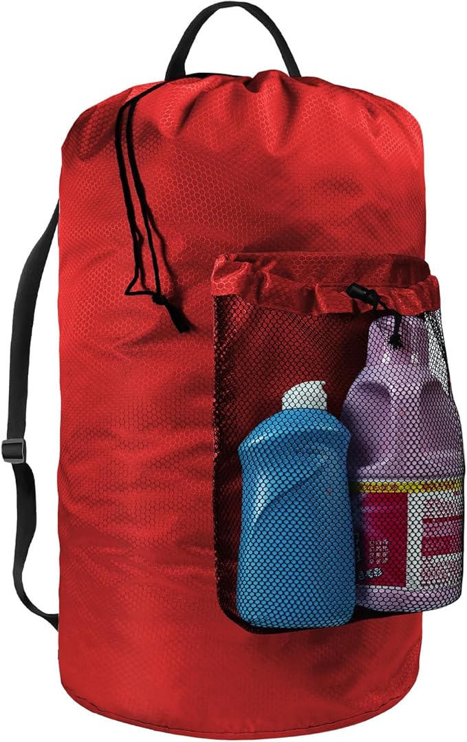 Laundry Bag with Shoulder Straps and Mesh Pocket Laundry Backpack Large Portable Laundry Hamper for College Laundromat Apartment (Red)