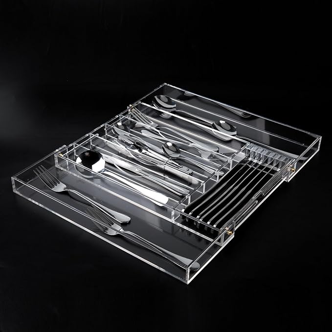 Acrylic Silverware Drawer Organizer Kitchen,Expandable Drawer Organizer,Silverware Organizer for Forks and Knives,Multipurpose Kitchen Organizers Divider and Storage Solution(pull-out,transparency)