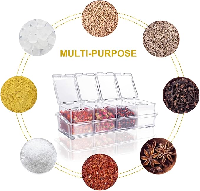 Clear Seasoning Box 4 PCS/Set, Acrylic Seasoning Rack Seasoning Storage Container Condiment Jar Spice Box Spice Jar Spice Pot Spice Rack with Spoon & Lid & Tray for Salt Pepper Sugar (#A)