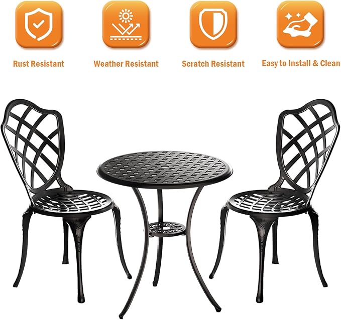 3 Piece Patio Bistro Set, Outdoor Bistro Table and Chairs Set of 2 w/Umbrella Hole, Rust-Resistant Cast Aluminum Bistro Set for Garden/Balcony/Backyard, Black