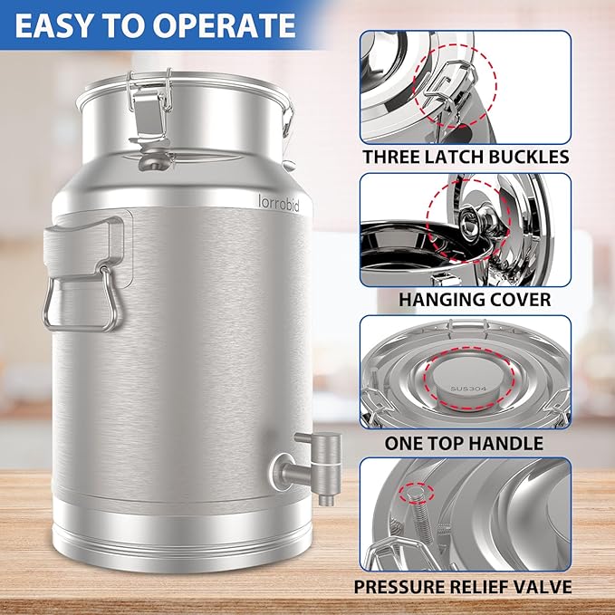Milk Can, 304 Stainless Steel 20 Liter Milk Can with/Lid, 5 Gallon Milk Jug, Heavy Duty Tote Stainless Steel Water Jug, Milk Bucket Wine Pail Bucket for Milk and Wine Liquid Storage.