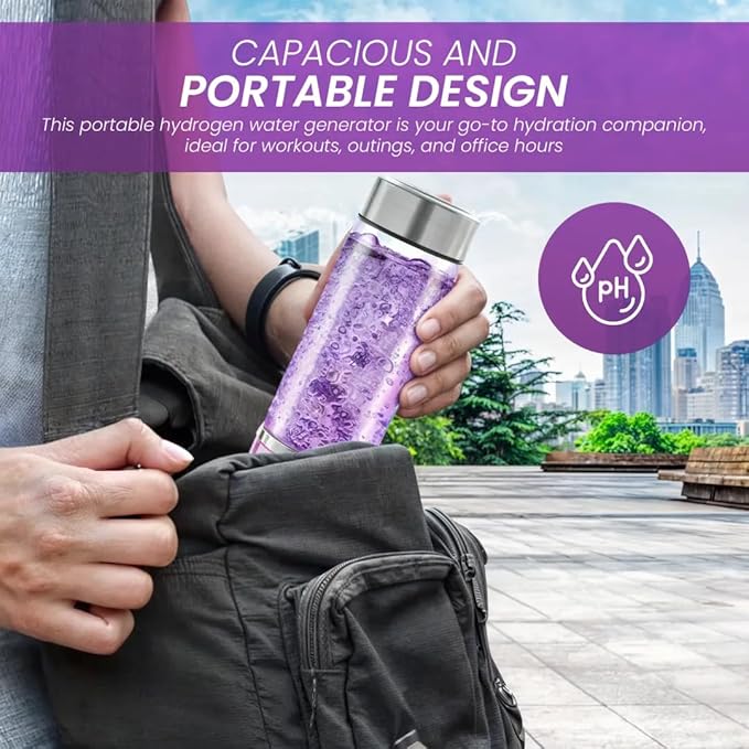 H3O Hydrogen Water Bottle - Hydrogen-Infused Water Machine with Built-in Purple Protective Light - Portable Water Ionizer for Hydration, Energy, Sleep Quality - 3000PPB Hydrogen Ions per Cycle