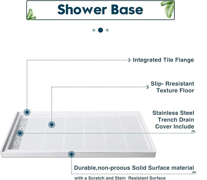 ELEGANT 60'' L x 32'' W x 4'' H Shower Base with 304 Left Trench Stainless Steel Drain Solid Surface Shower Pan White Including Drain Cover