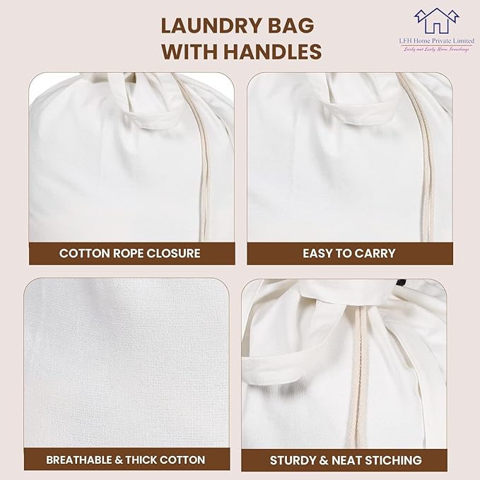 LFH Home Cotton Canvas Large Laundry Bag with Handle, Heavy Duty Drawstring Closure Washable Laundry Bags, School Travel, Home, Hotel, College Dorm, Organizer Sack, Toy Clothes 24x36 (Pack of 4)-White