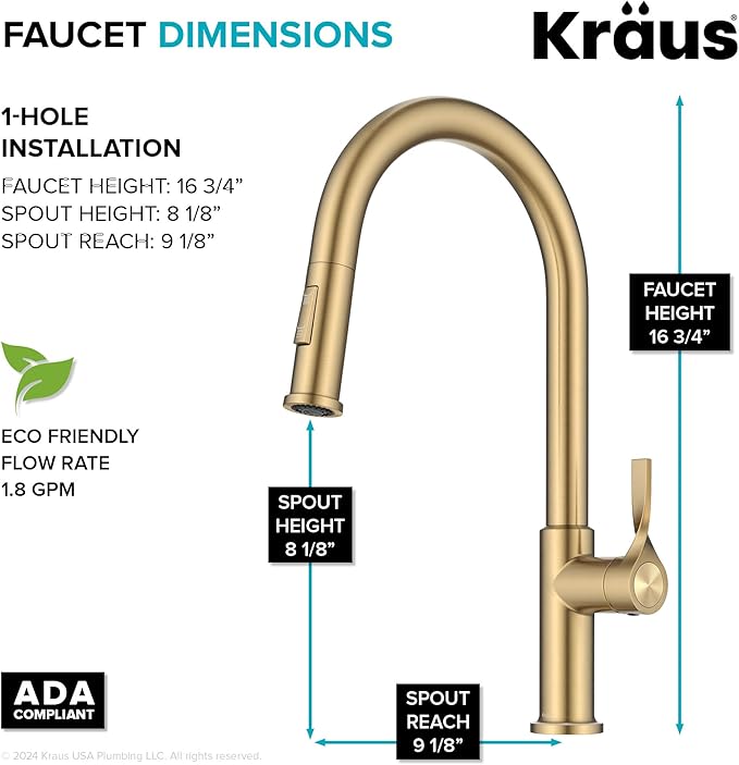 KRAUS Torak Pull Down Kitchen Faucet in Spot-Free Brushed Brass with 2 Function Sprayer, Pre-Attached Water Lines, and Mounting Hardware, KPF-2840SFBB