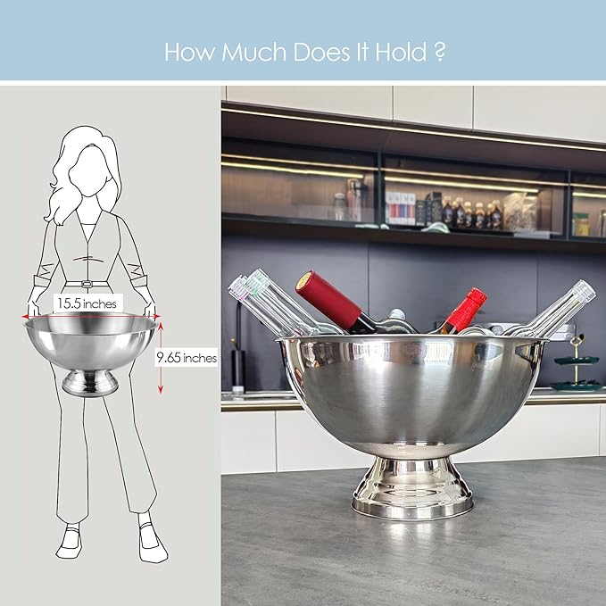 Winsterch 18/8 Stainless Steel Ice Bucket for Parties,Beverage Tub Party Bucket with Scoop,Banquet Champagne Ice Bucket Big Ice Bucket for Parties,Drink Chiller for Parties, Round,12QT (3 Gallon)