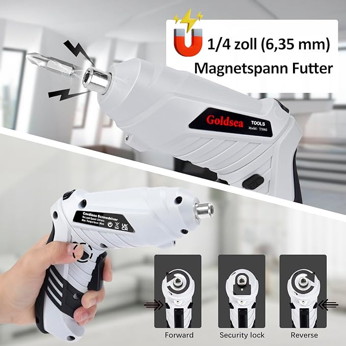 Electric Screwdriver Cordless, Goldsea Powered Screwdriver Set with 10 Magnetic Bits tool kit for college students,Portable Rechargeable Screw driver Tool Set for Dorm Home DIY(4.2v, 3.5n.m, White)