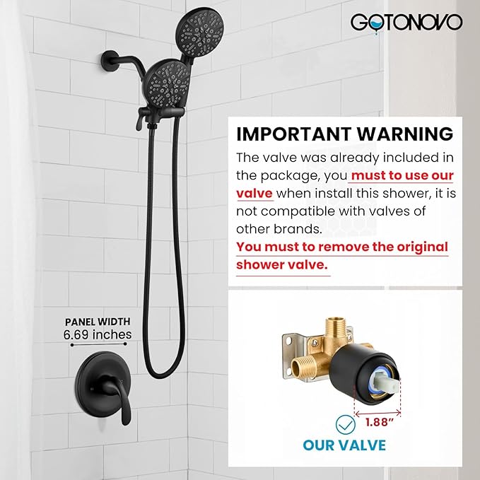gotonovo Shower Valve and Trim Kit 2 in 1 Shower Head and Handle Set System Bathroom Shower Faucet Set 3 Modes Various Combinations High Pressure with Rough-in Valve Matte Black
