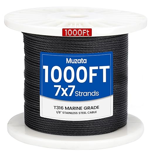 Muzata 1000 ft 1/8" Black Stainless Steel Cable Railing System Hardware T316 Stainless Steel Wire Rope 7x7 Strands 1800 lb Breaking Strength Black Cable Railing Kit for Indoor Outdoor WR19