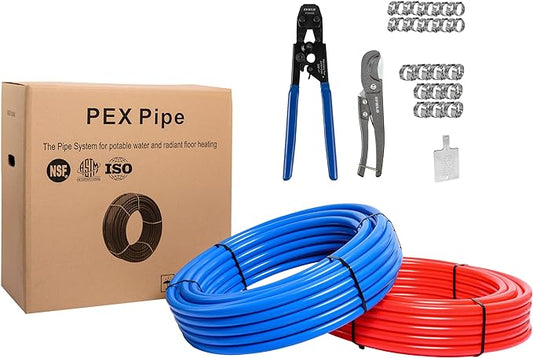 EFIELD 1/2 inch 2x75 ft Pex-b Pipe/Tool Kit- Pex-b Pipe/Tubing Blue & Red 150ft, Crimping Tool, Pipe Cutter, 30 Pieces Stainless Steel Clamps,(AB-2-75-KIT)