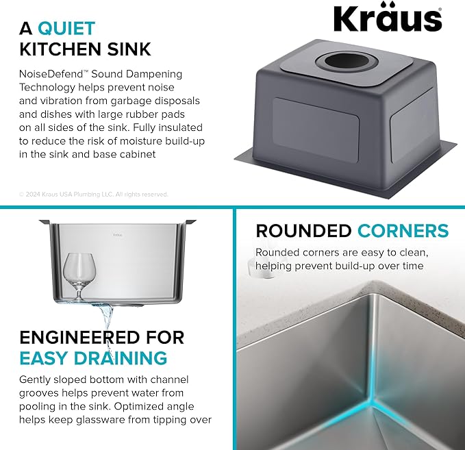 KRAUS Fairlane 15-inch Undermount Single Bowl 18-Gauge Stainless Steel Kitchen Bar Sink, KHU631-15