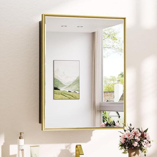 TokeShimi 21x27 Recessed Medicine Cabinet with Mirror Wall Mounted, Aluminum Gold Medicine Cabinet Mirrored, Metal Beveled Mirror with Storage for Bathroom Vanity