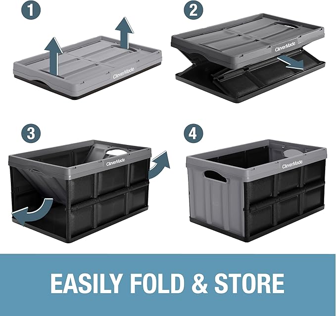 CleverMade Collapsible Storage Bins - Stone 3 Pack 62L - Stackable Containers Heavy Duty Capacity Folding Crates - Space-Saving for Home